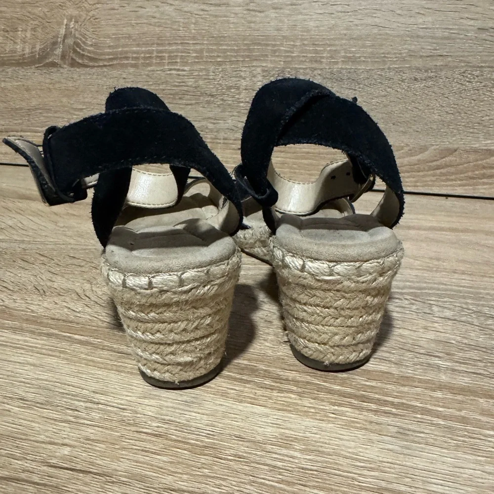 Lands End Womens Black Espadrilles Wedge Heels Sandals Size 6.5 Ankle Strap